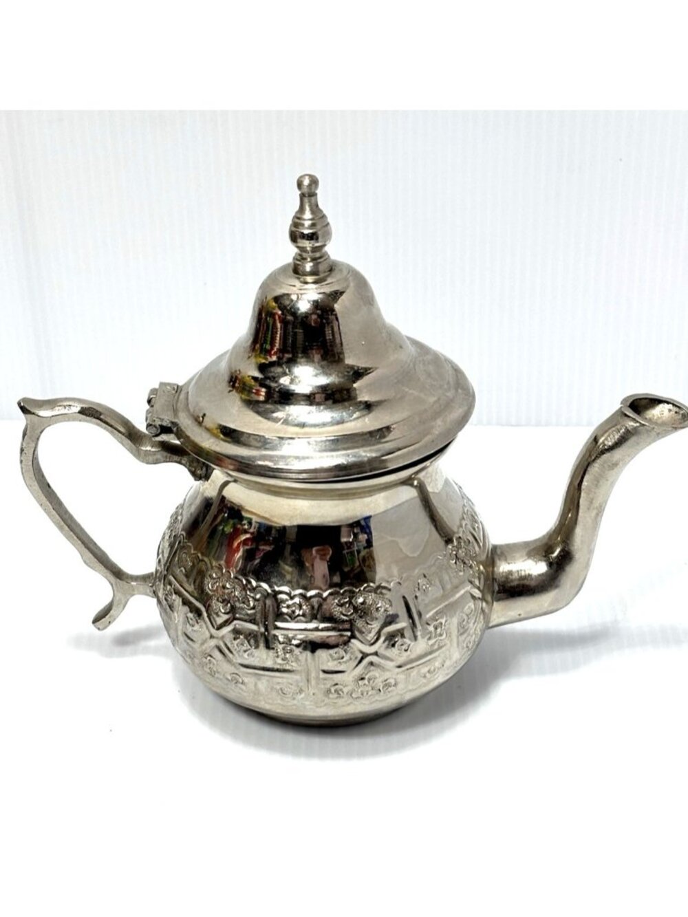 Silver Plated Ornate Moroccan Teapot Footed Metal Tea Pot Middle Eastern Decor